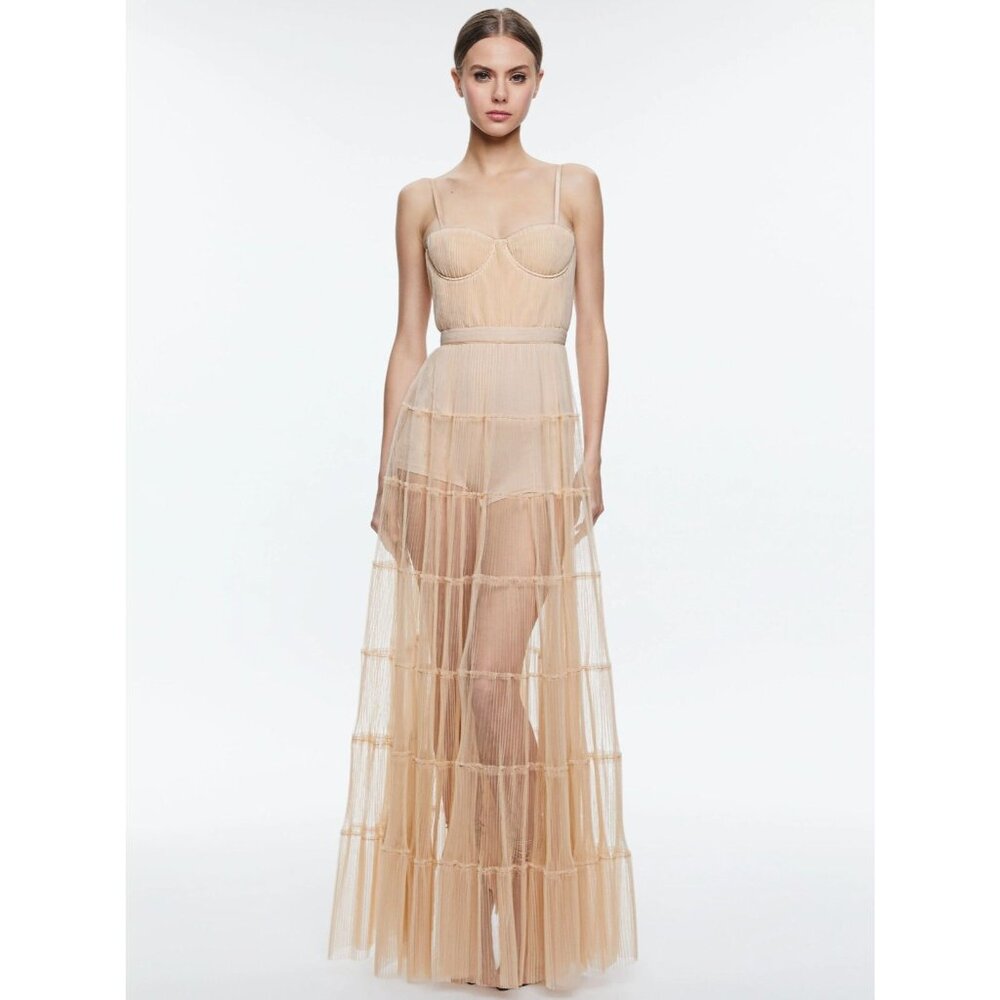Alice + Olivia Deena Pleated Almond Maxi Dress With Hot Pant 10 NWT $660